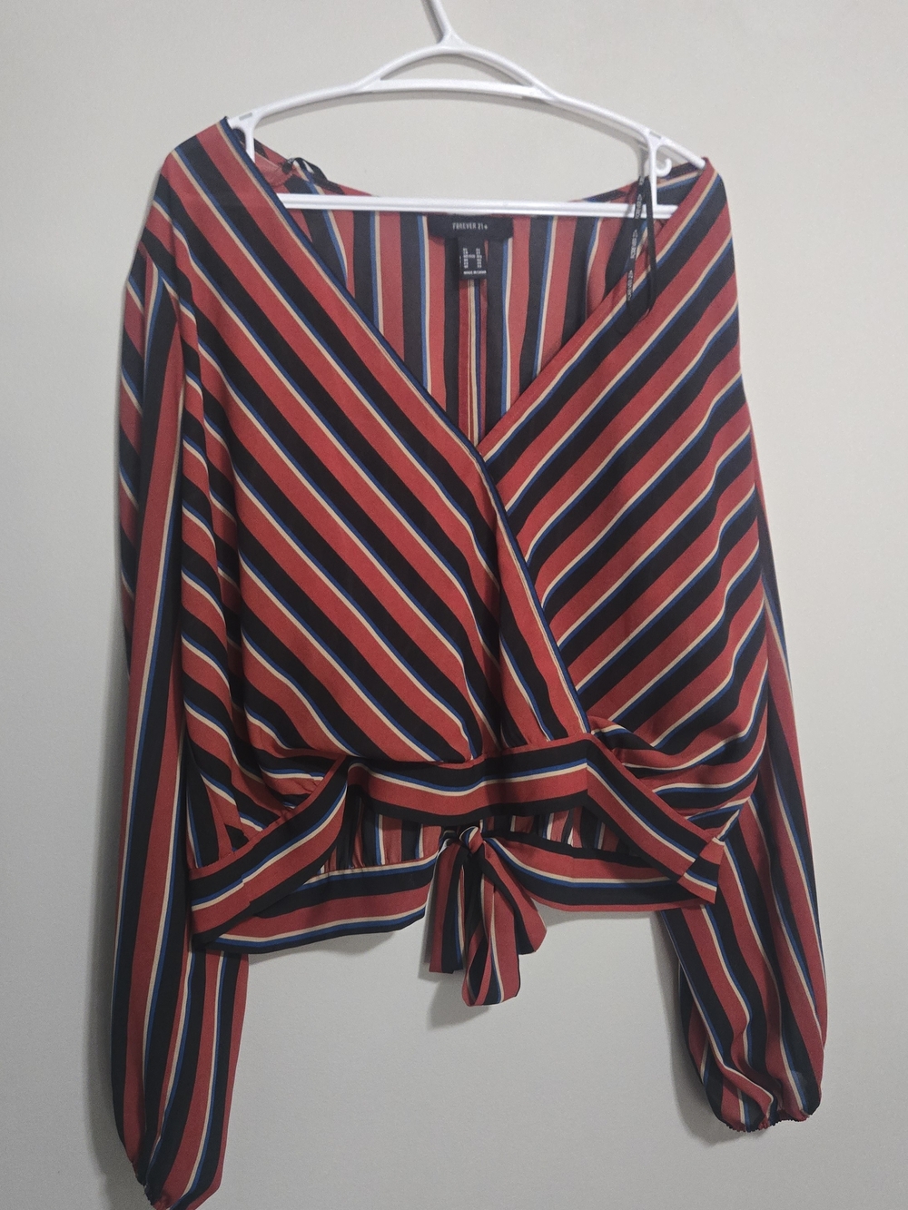 Forever 21 Red and Blue Striped Tie Wrap Blouse Plus 2xL Women